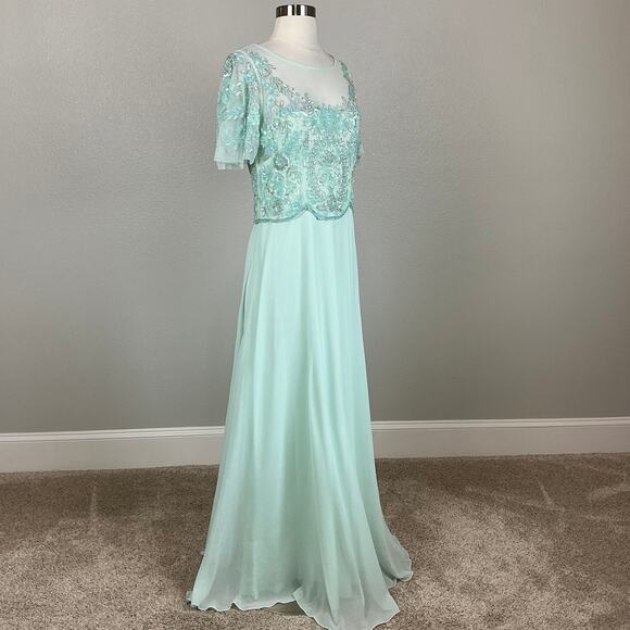 Adrianna Papell Beaded Chiffon Evening Gown Green Size 8 Short Sleeve A-Line - Picture 3 of 13
